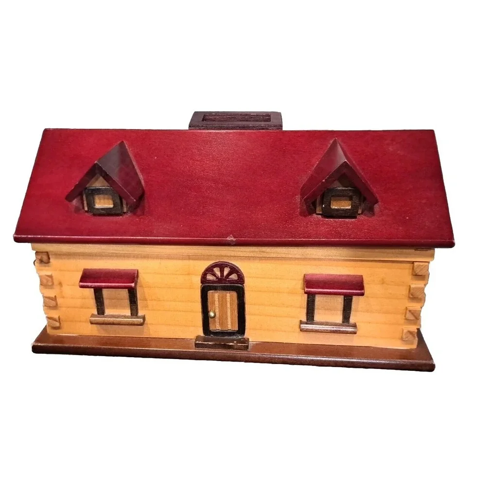 VTG Large Hand Crafted Log Cabin Storage Box 12in X 6 1/2in X 6in